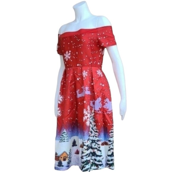 VINTAGE CHRISTMAS HOLIDAY Dress Small 4 6 Rockabilly Pin Up Off Shoulder Festive - Picture 3 of 14